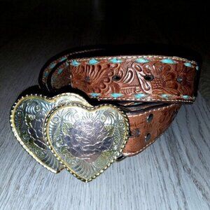 Vintage Nocona Brown Turquoise Blue Tooled Genuine Leather Belt XL Heart Buckle